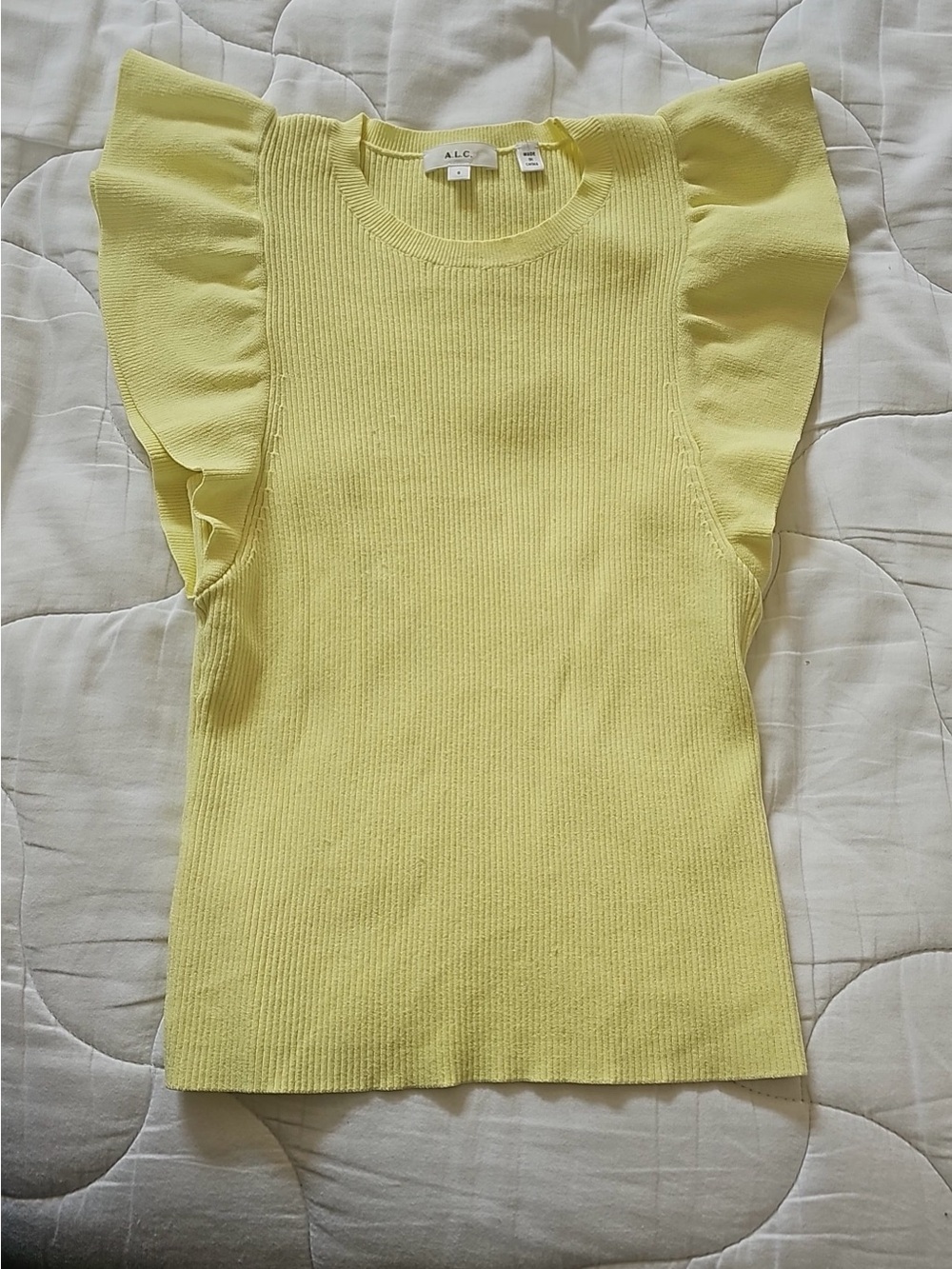 A.L.C. Yellow Ribbed Knit Flutter Sleeve Top Women’s Size Small Designer